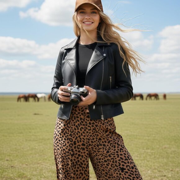 Women Leather Jacket Faux Cropped Coat Cute Short Zip Up for Casual Rock Concert - Picture 5 of 6